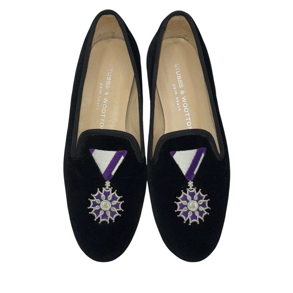 Stubbs & Wootton Palm Beach Women’s Black Flats w Purple and White Embroidery 7